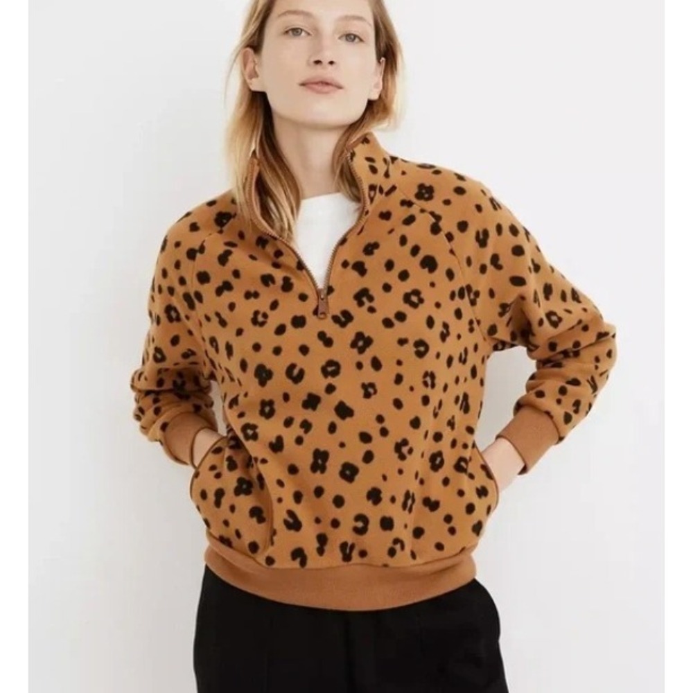 NWT Madewell Leopard Print Quarter Zip Fleece Pullover Mustard Tan Black MC205 L